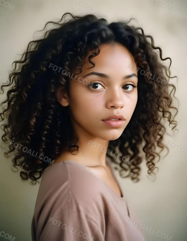35mm Film Photography A Young African American Woman With Curly Dark Hair Full Lips And A Neutral Facial Expression High Detail 23 6137