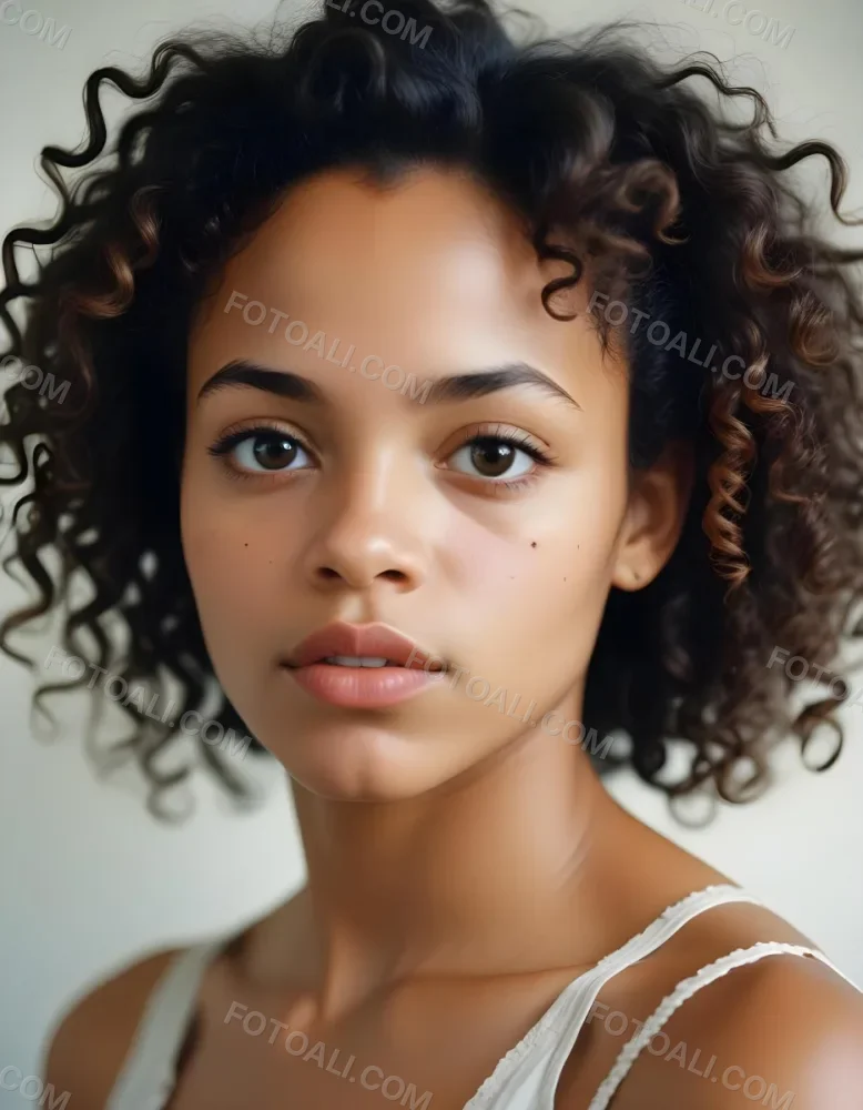 35mm Film Photography A Young African American Woman With Curly Dark Hair Full Lips And A Neutral Facial Expression High Detail 29 2b65