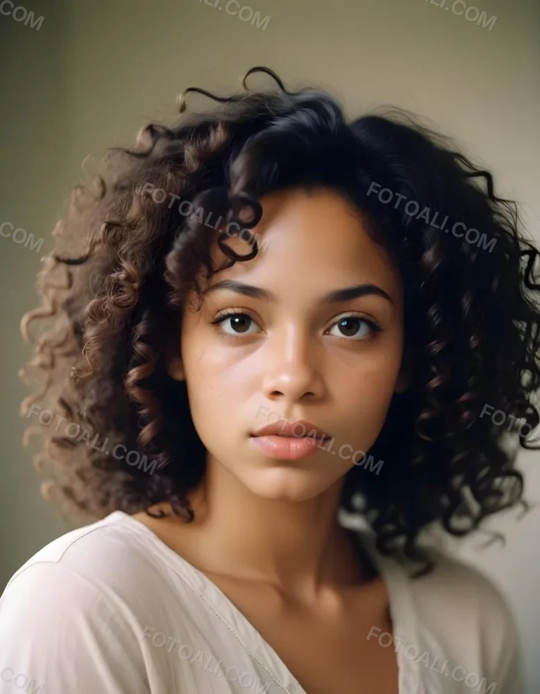 35mm Film Photography A Young African American Woman With Curly Dark Hair Full Lips And A Neutral Facial Expression High Detail 32 Ee55
