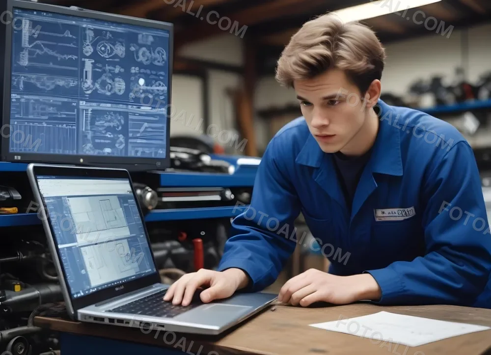 35mm Film Photography A Young Caucasian Male Mechanic In A Blue Jumpsuit Is Using A Laptop In A Garage Setting He Appears To Be Focused On The Screen Which Displays Digital Diagrams And Data Related To A Car In The Ba 1 F3f8