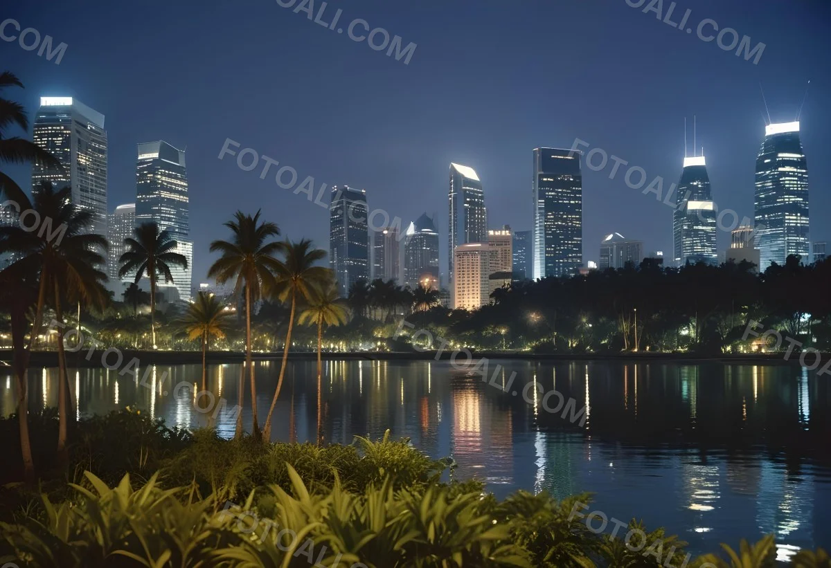 35mm Film Photography City Skyline At Night With Tall Buildings Illuminated Reflecting In A Body Of Water In The Foreground There Are Green Plants Along The Water S Edge And Palm Trees Are Visible The Background Fea 10 8833