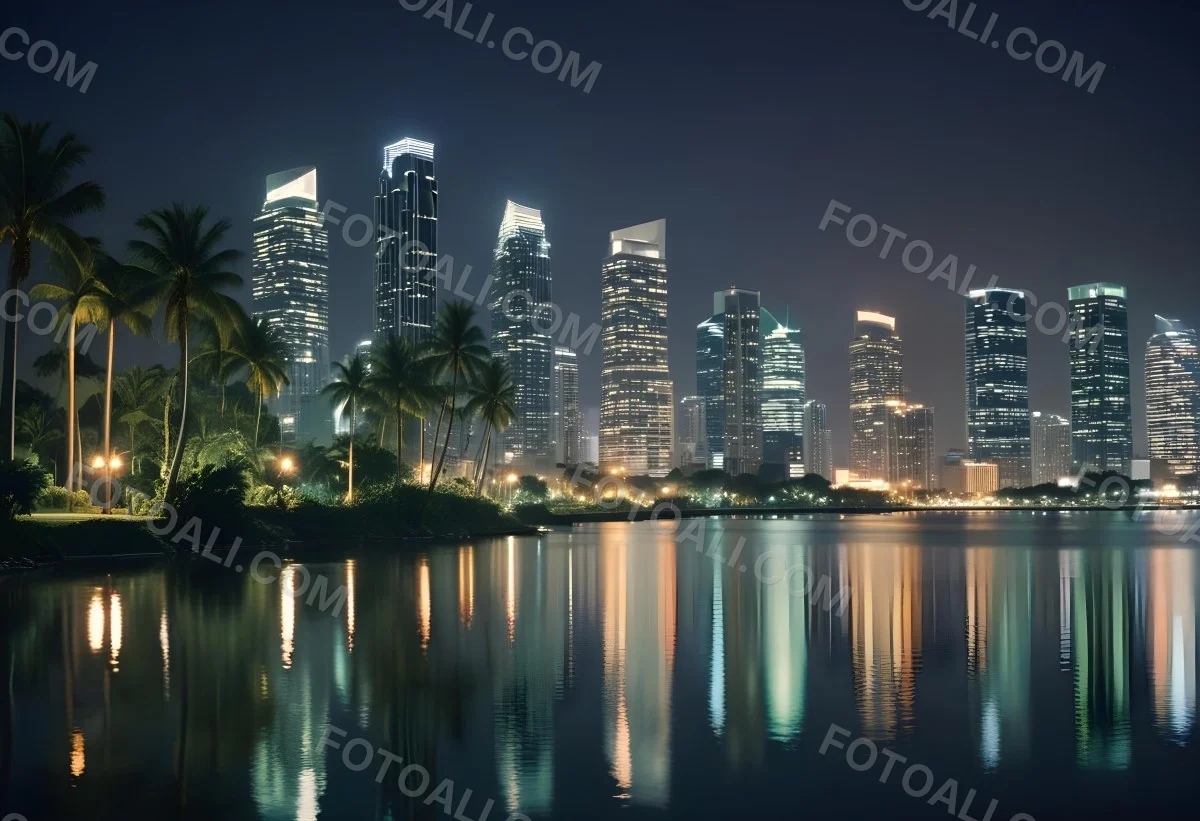 35mm Film Photography City Skyline At Night With Tall Buildings Illuminated Reflecting In A Body Of Water In The Foreground There Are Green Plants Along The Water S Edge And Palm Trees Are Visible The Background Fea 13 B150