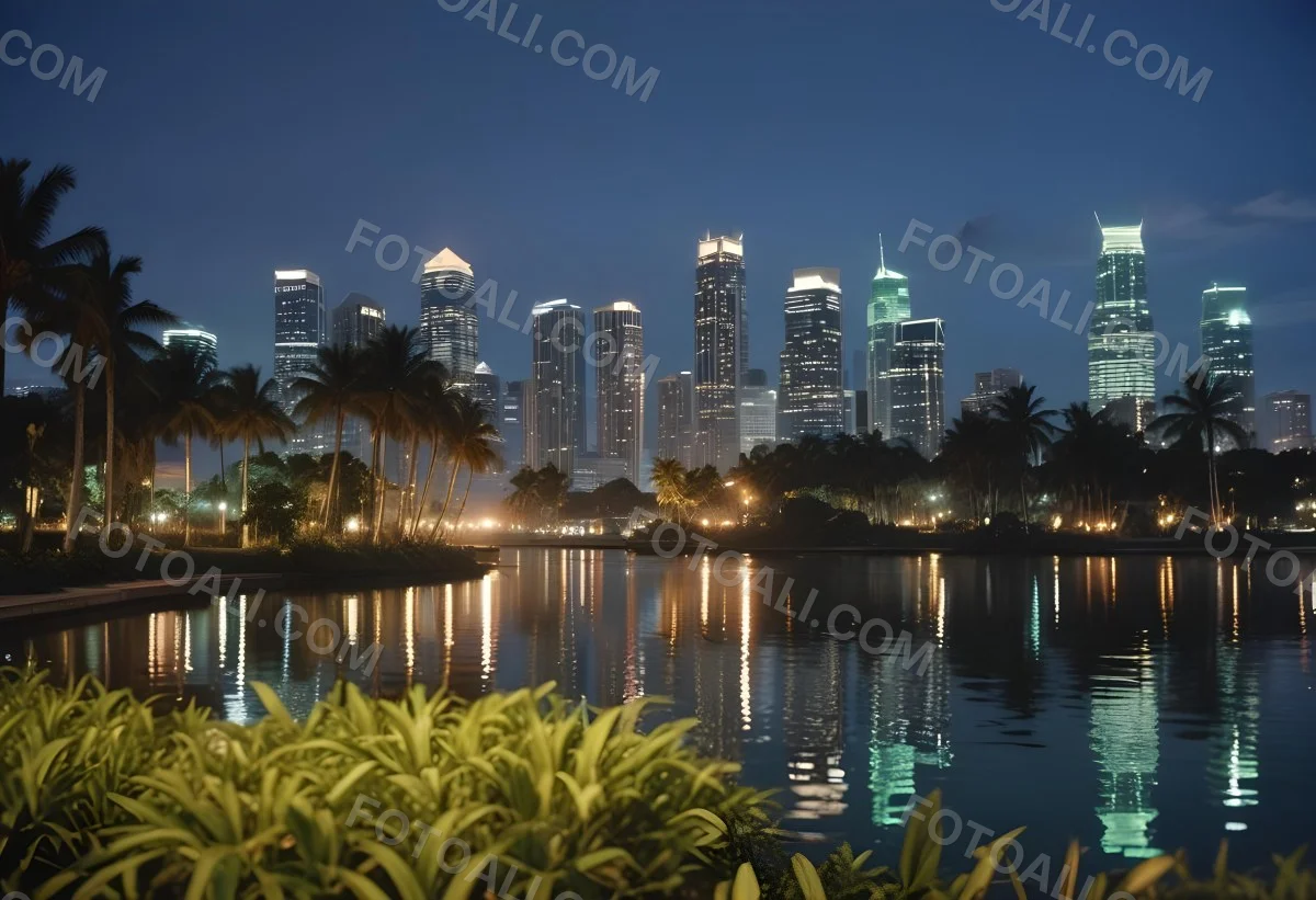 35mm Film Photography City Skyline At Night With Tall Buildings Illuminated Reflecting In A Body Of Water In The Foreground There Are Green Plants Along The Water S Edge And Palm Trees Are Visible The Background Fea 17 9ca5