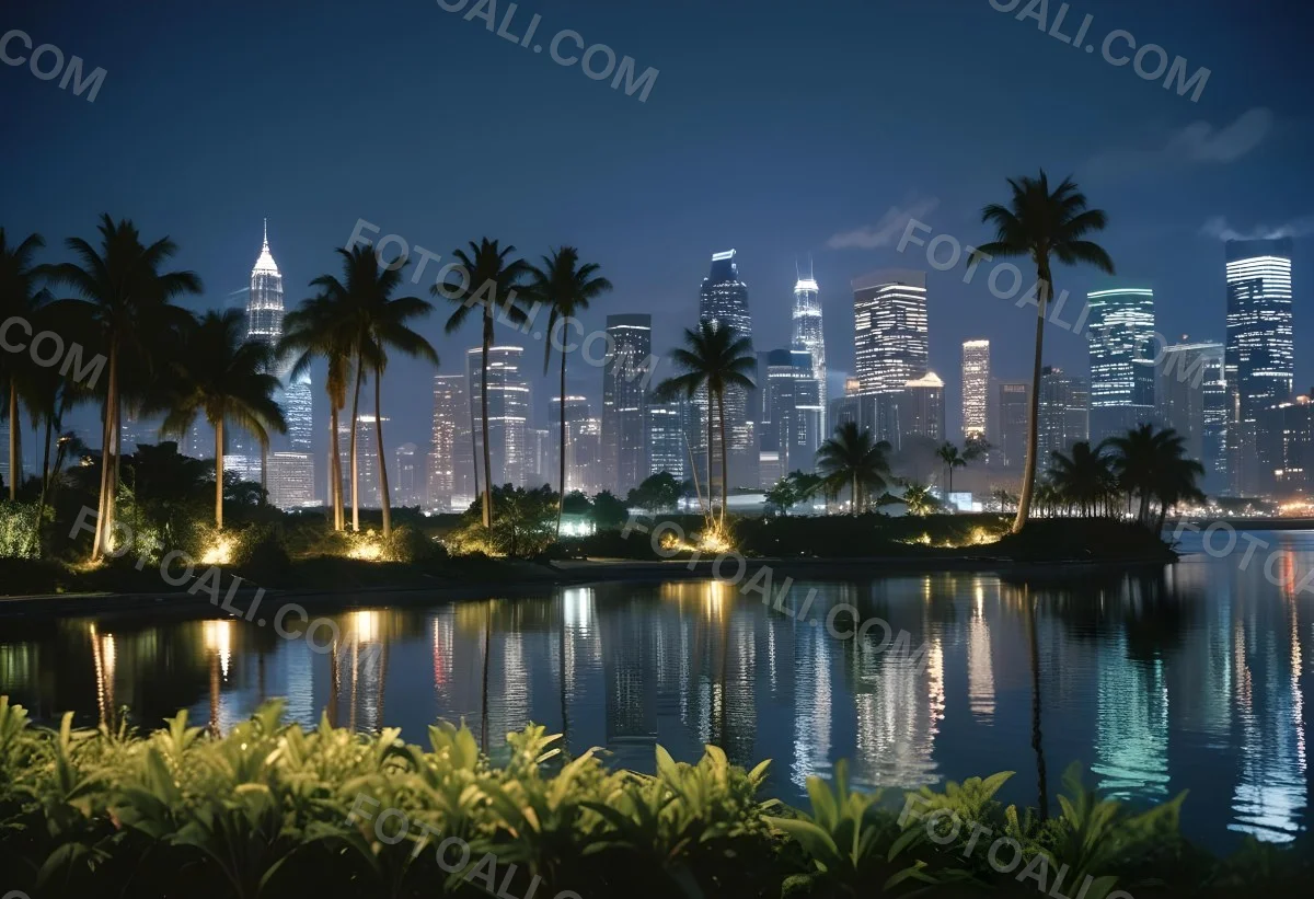 35mm Film Photography City Skyline At Night With Tall Buildings Illuminated Reflecting In A Body Of Water In The Foreground There Are Green Plants Along The Water S Edge And Palm Trees Are Visible The Background Fea 20 6694
