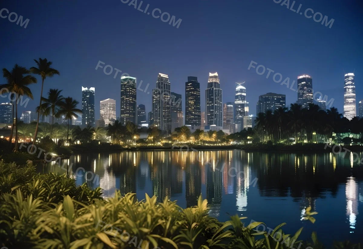 35mm Film Photography City Skyline At Night With Tall Buildings Illuminated Reflecting In A Body Of Water In The Foreground There Are Green Plants Along The Water S Edge And Palm Trees Are Visible The Background Fea 22 1ca6