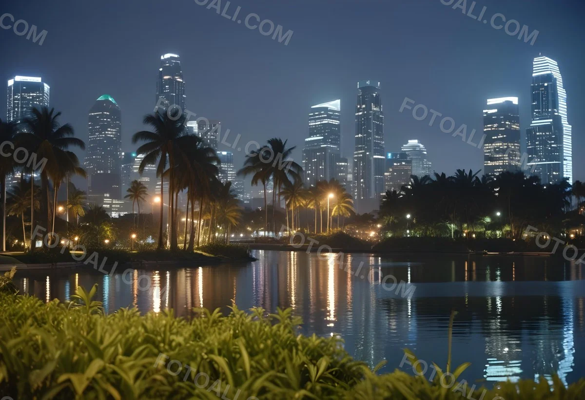 35mm Film Photography City Skyline At Night With Tall Buildings Illuminated Reflecting In A Body Of Water In The Foreground There Are Green Plants Along The Water S Edge And Palm Trees Are Visible The Background Fea 26 03af
