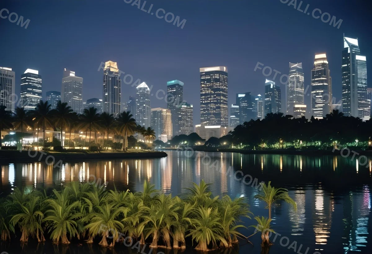 35mm Film Photography City Skyline At Night With Tall Buildings Illuminated Reflecting In A Body Of Water In The Foreground There Are Green Plants Along The Water S Edge And Palm Trees Are Visible The Background Fea 27 6abd