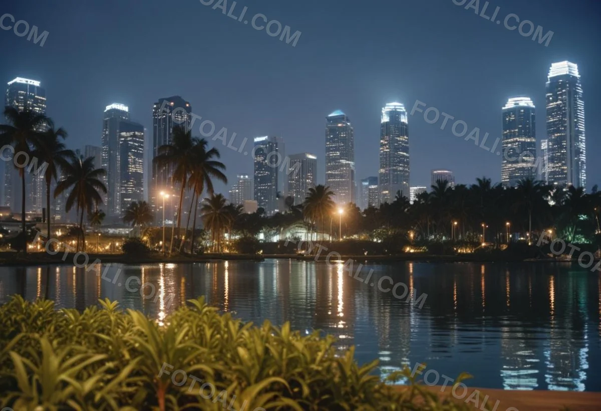 35mm Film Photography City Skyline At Night With Tall Buildings Illuminated Reflecting In A Body Of Water In The Foreground There Are Green Plants Along The Water S Edge And Palm Trees Are Visible The Background Fea 28 7ea8