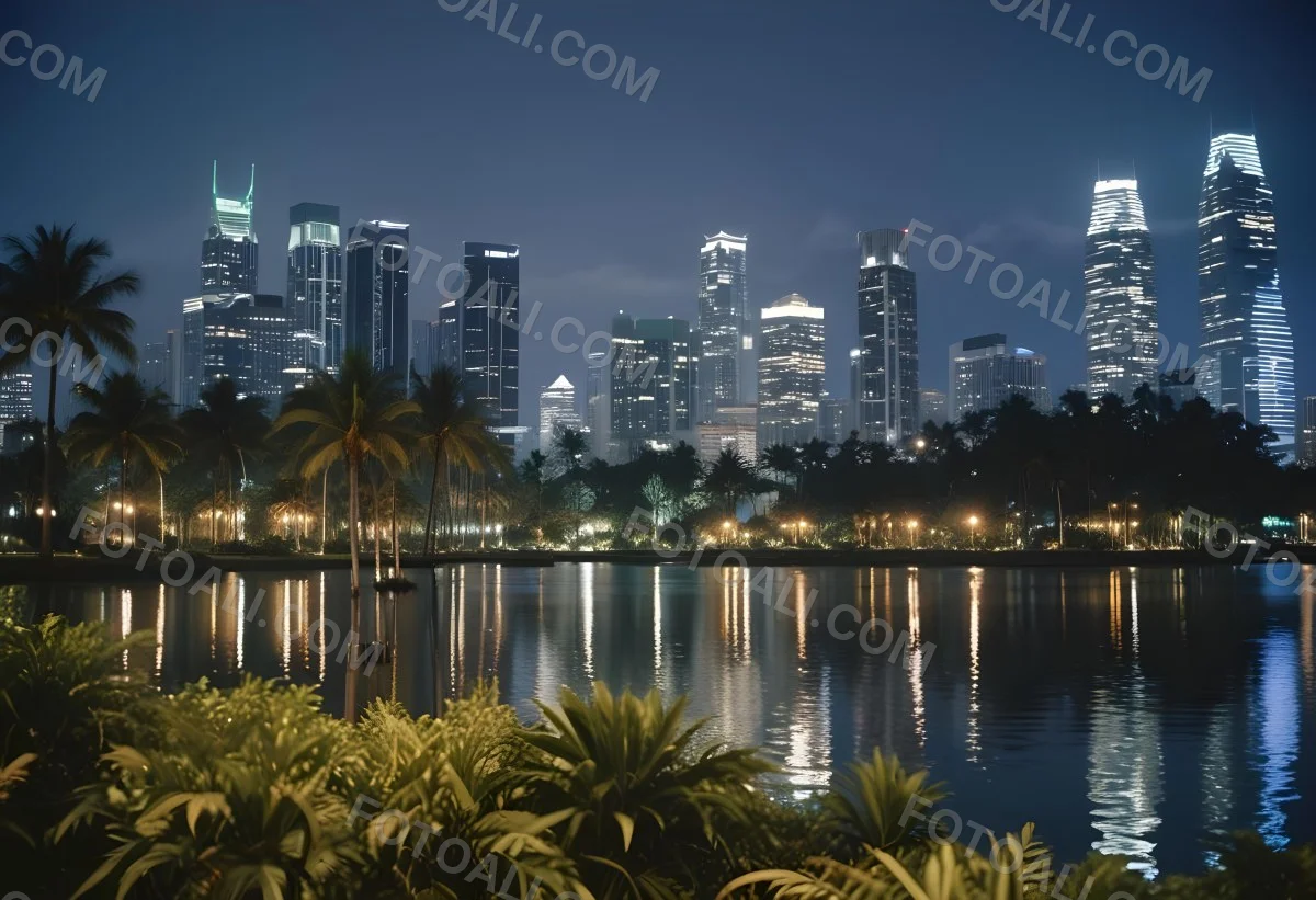 35mm Film Photography City Skyline At Night With Tall Buildings Illuminated Reflecting In A Body Of Water In The Foreground There Are Green Plants Along The Water S Edge And Palm Trees Are Visible The Background Fea 29 940d