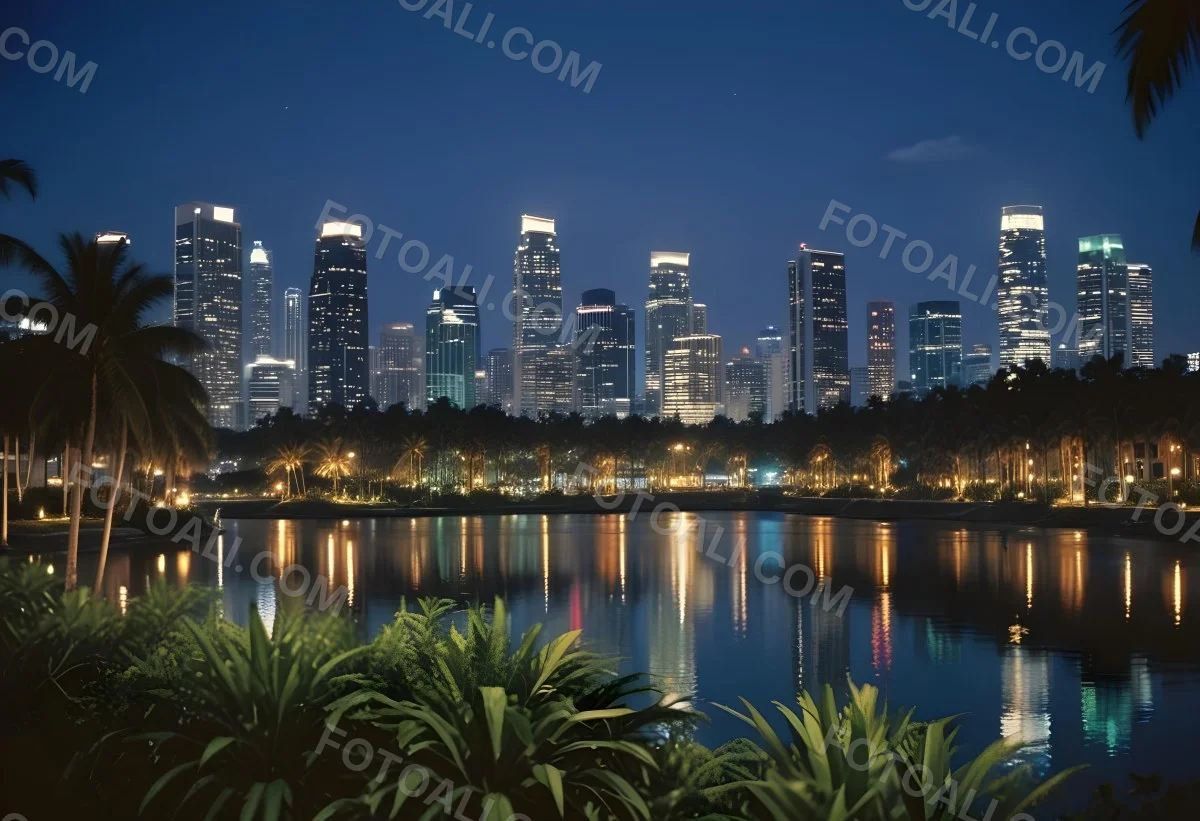 35mm Film Photography City Skyline At Night With Tall Buildings Illuminated Reflecting In A Body Of Water In The Foreground There Are Green Plants Along The Water S Edge And Palm Trees Are Visible The Background Fea 3 706a