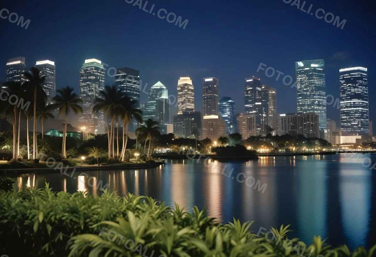 35mm Film Photography City Skyline At Night With Tall Buildings Illuminated Reflecting In A Body Of Water In The Foreground There Are Green Plants Along The Water S Edge And Palm Trees Are Visible The Background Fea 30 17a9