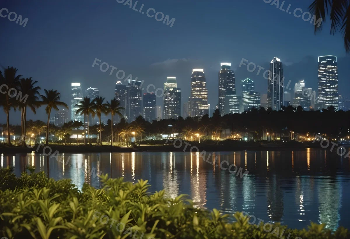 35mm Film Photography City Skyline At Night With Tall Buildings Illuminated Reflecting In A Body Of Water In The Foreground There Are Green Plants Along The Water S Edge And Palm Trees Are Visible The Background Fea 31 1462