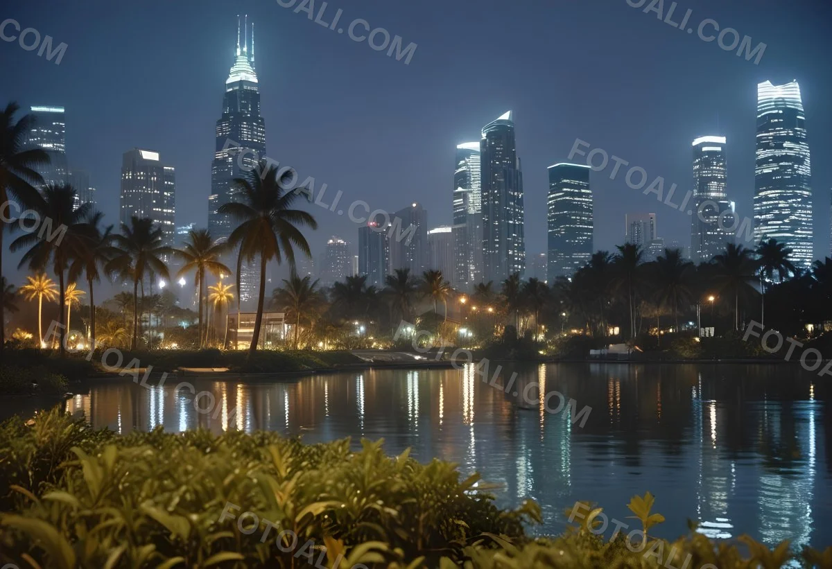 35mm Film Photography City Skyline At Night With Tall Buildings Illuminated Reflecting In A Body Of Water In The Foreground There Are Green Plants Along The Water S Edge And Palm Trees Are Visible The Background Fea 32 4c3f