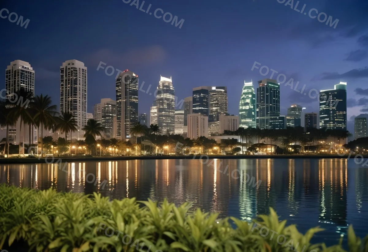 35mm Film Photography City Skyline At Night With Tall Buildings Illuminated Reflecting In A Body Of Water In The Foreground There Are Green Plants Along The Water S Edge And Palm Trees Are Visible The Background Fea 5 23a1