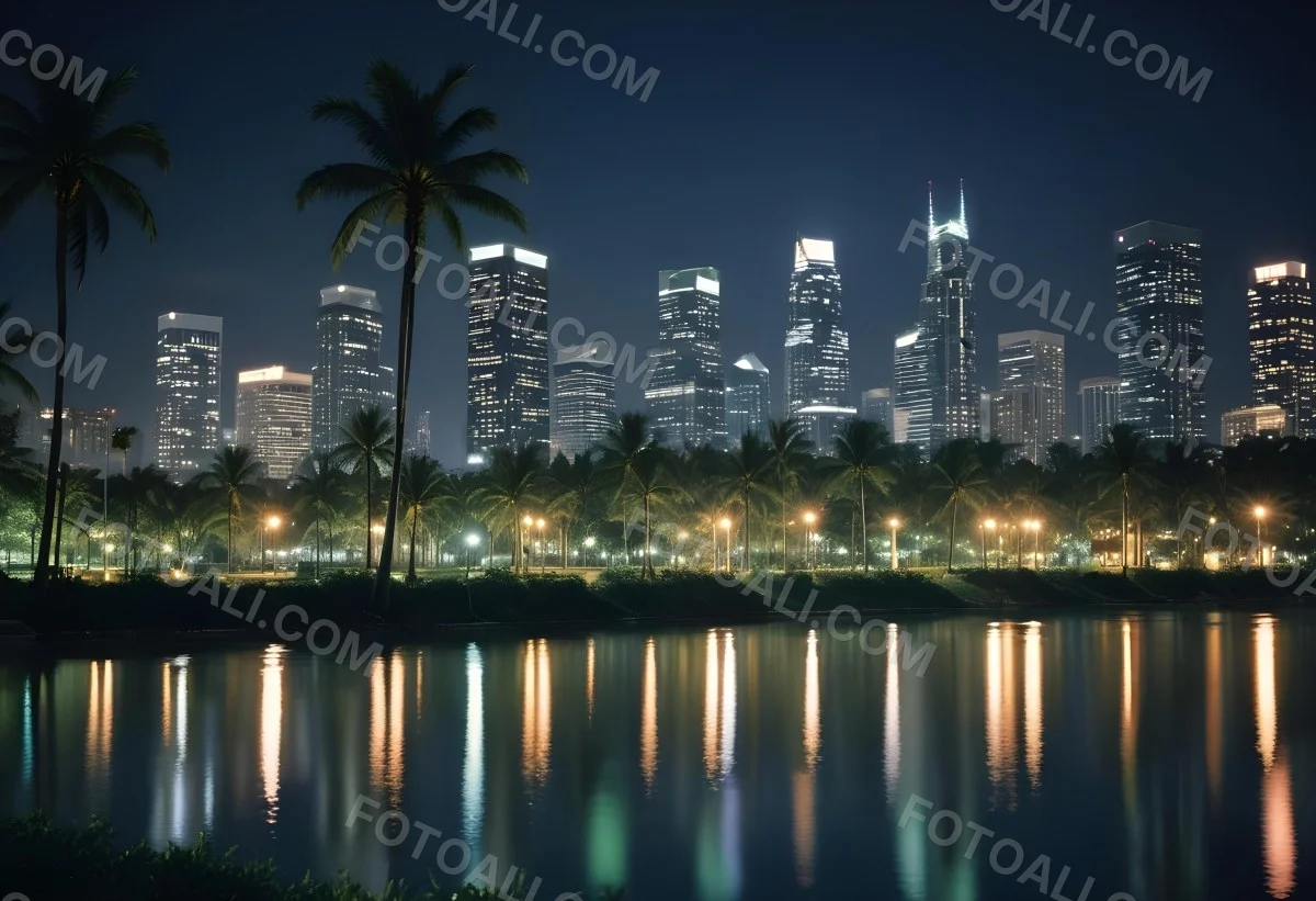 35mm Film Photography City Skyline At Night With Tall Buildings Illuminated Reflecting In A Body Of Water In The Foreground There Are Green Plants Along The Water S Edge And Palm Trees Are Visible The Background Fea 6 A874