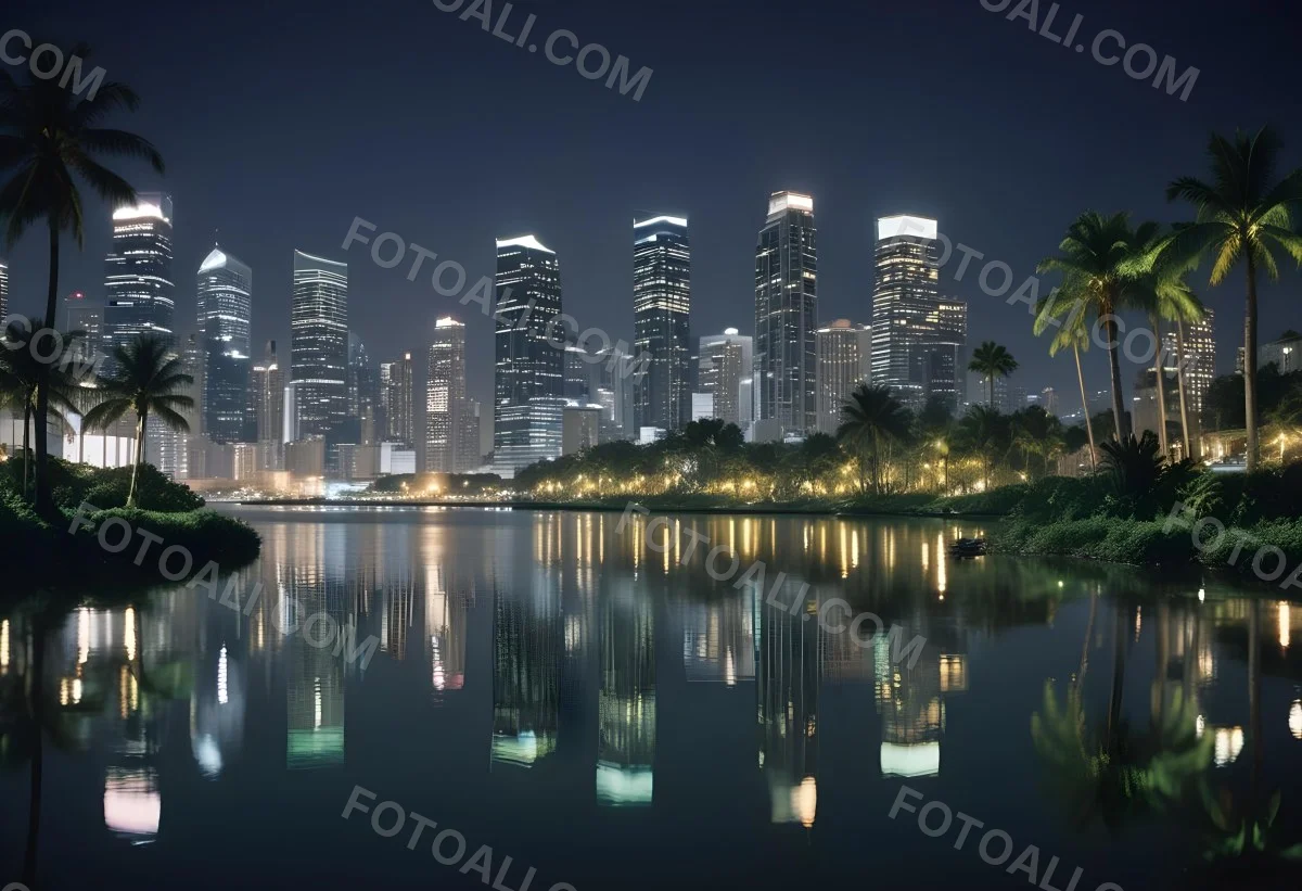 35mm Film Photography City Skyline At Night With Tall Buildings Illuminated Reflecting In A Body Of Water In The Foreground There Are Green Plants Along The Water S Edge And Palm Trees Are Visible The Background Fea 9 C96d
