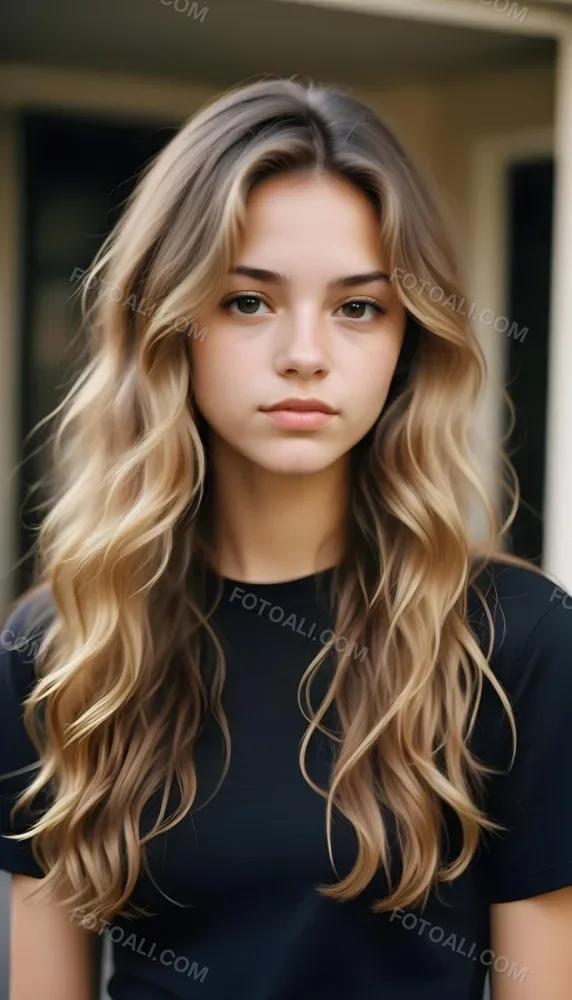 35mm Film Photography Young Woman Approximately 20 Years Old With Light Brown Skin And Long Wavy Light Brown Hair With Blonde Highlights She Has A Neutral Expression And Is Wearing A Black Top The Background Is Soft 14 1e63