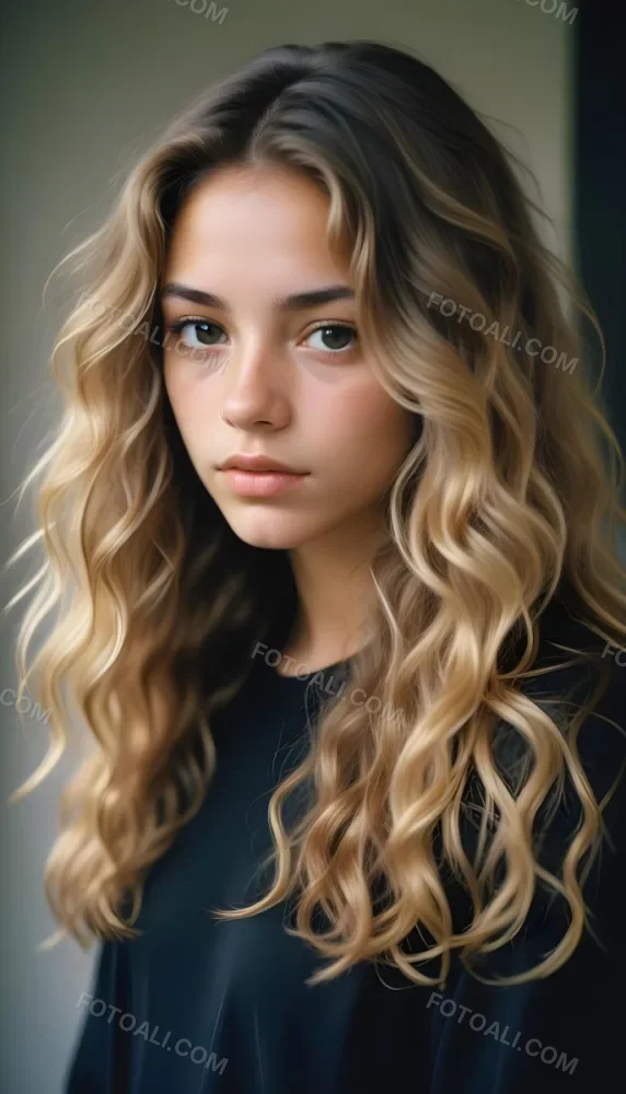 35mm Film Photography Young Woman Approximately 20 Years Old With Light Brown Skin And Long Wavy Light Brown Hair With Blonde Highlights She Has A Neutral Expression And Is Wearing A Black Top The Background Is Soft 16 3b86
