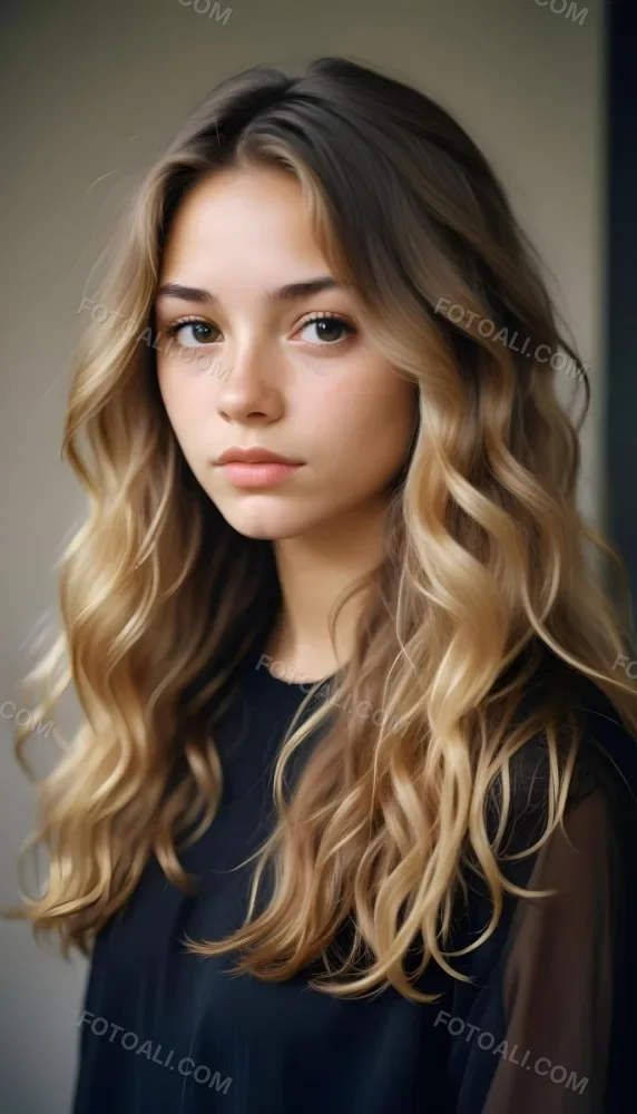 35mm Film Photography Young Woman Approximately 20 Years Old With Light Brown Skin And Long Wavy Light Brown Hair With Blonde Highlights She Has A Neutral Expression And Is Wearing A Black Top The Background Is Soft 21 238d