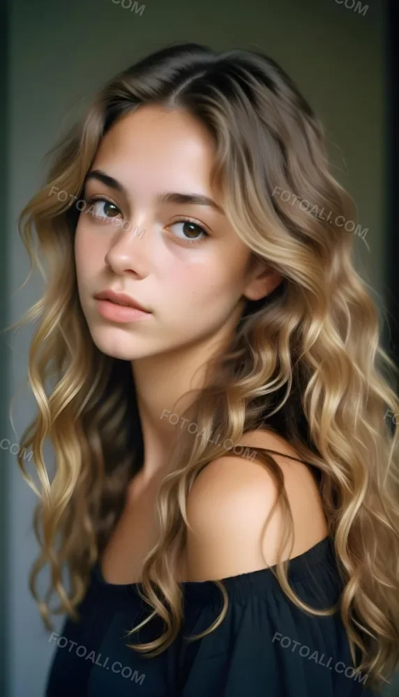 35mm Film Photography Young Woman Approximately 20 Years Old With Light Brown Skin And Long Wavy Light Brown Hair With Blonde Highlights She Has A Neutral Expression And Is Wearing A Black Top The Background Is Soft 24 F79a