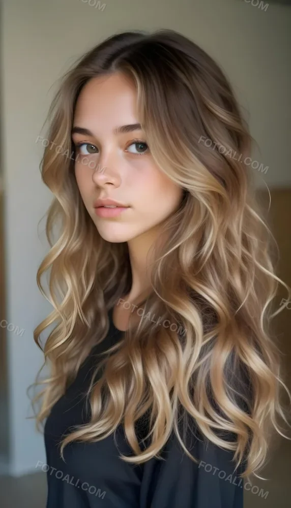 35mm Film Photography Young Woman Approximately 20 Years Old With Light Brown Skin And Long Wavy Light Brown Hair With Blonde Highlights She Has A Neutral Expression And Is Wearing A Black Top The Background Is Soft 3 839a