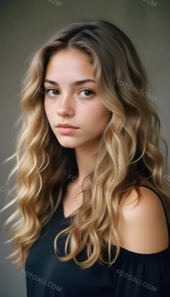 35mm Film Photography Young Woman Approximately 20 Years Old With Light Brown Skin And Long Wavy Light Brown Hair With Blonde Highlights She Has A Neutral Expression And Is Wearing A Black Top The Background Is Soft 7 0e8a
