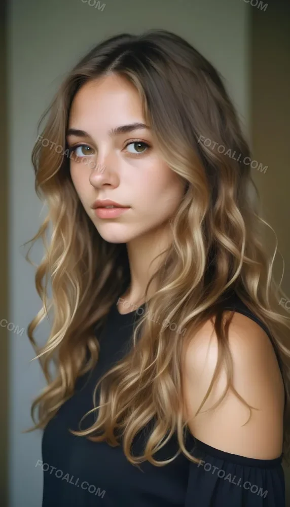 35mm Film Photography Young Woman Approximately 20 Years Old With Light Brown Skin And Long Wavy Light Brown Hair With Blonde Highlights She Has A Neutral Expression And Is Wearing A Black Top The Background Is Soft 9 0b3a