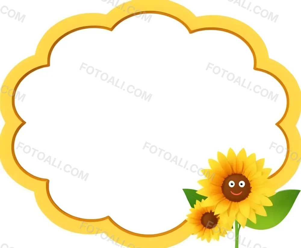 3d Model A Blank Cloud Shaped Frame With A Yellow Outline Featuring Two Cheerful Sunflowers With Smiling Faces And Green Leaves At The Bottom Right Corner The Background Is White Figure Octane Render Volumetric Hi 14 249f