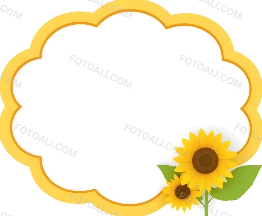 3d Model A Blank Cloud Shaped Frame With A Yellow Outline Featuring Two Cheerful Sunflowers With Smiling Faces And Green Leaves At The Bottom Right Corner The Background Is White Figure Octane Render Volumetric Hi 31 C986