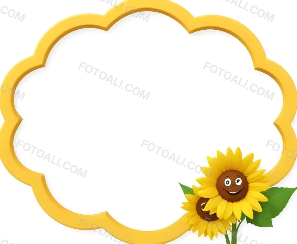 3d Model A Blank Cloud Shaped Frame With A Yellow Outline Featuring Two Cheerful Sunflowers With Smiling Faces And Green Leaves At The Bottom Right Corner The Background Is White Figure Octane Render Volumetric Hi 34 65ca