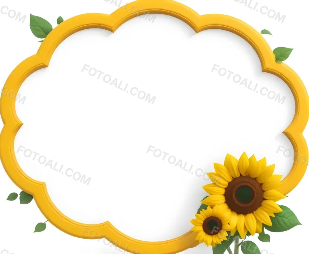3d Model A Blank Cloud Shaped Frame With A Yellow Outline Featuring Two Cheerful Sunflowers With Smiling Faces And Green Leaves At The Bottom Right Corner The Background Is White Figure Octane Render Volumetric Hi 7 C172
