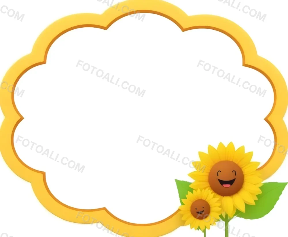 3d Model A Blank Cloud Shaped Frame With A Yellow Outline Featuring Two Cheerful Sunflowers With Smiling Faces And Green Leaves At The Bottom Right Corner The Background Is White Figure Octane Render Volumetric Hi 8 78df