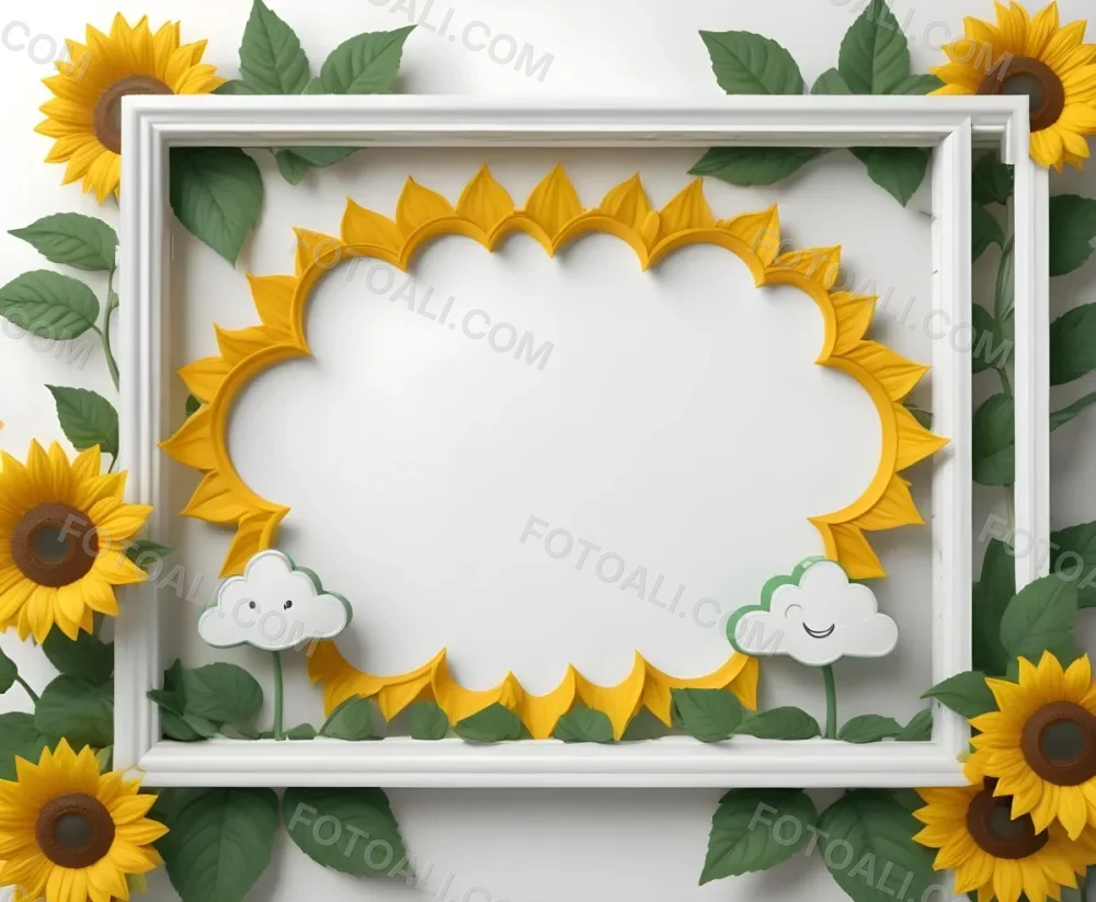 3d Model A Blank Cloud Shaped Frame With A Yellow Outline Featuring Two Cheerful Sunflowers With Smiling Faces And Green Leaves At The Bottom Right Corner The Background Is White Figure Octane Render Volumetric Hi 9 740f