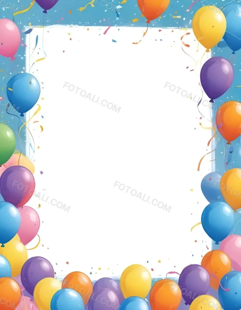 3d Model A Blank White Center Surrounded By Colorful Balloons In Various Shades Including Blue Yellow Pink Purple And Orange The Balloons Are Accompanied By Colorful Streamers And A Sparkly Blue Border Creat 11 D577