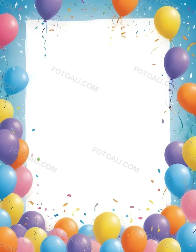 3d Model A Blank White Center Surrounded By Colorful Balloons In Various Shades Including Blue Yellow Pink Purple And Orange The Balloons Are Accompanied By Colorful Streamers And A Sparkly Blue Border Creat 13 Fe7a
