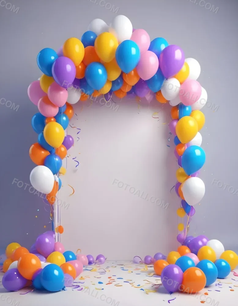 3d Model A Blank White Center Surrounded By Colorful Balloons In Various Shades Including Blue Yellow Pink Purple And Orange The Balloons Are Accompanied By Colorful Streamers And A Sparkly Blue Border Creat 16 E847
