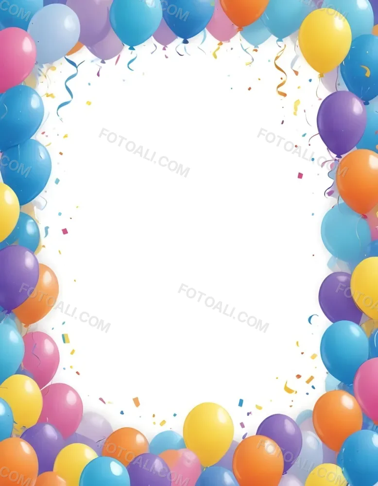 3d Model A Blank White Center Surrounded By Colorful Balloons In Various Shades Including Blue Yellow Pink Purple And Orange The Balloons Are Accompanied By Colorful Streamers And A Sparkly Blue Border Creat 19 4925