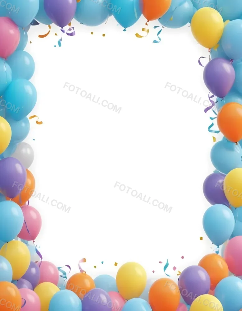 3d Model A Blank White Center Surrounded By Colorful Balloons In Various Shades Including Blue Yellow Pink Purple And Orange The Balloons Are Accompanied By Colorful Streamers And A Sparkly Blue Border Creat 25 6991