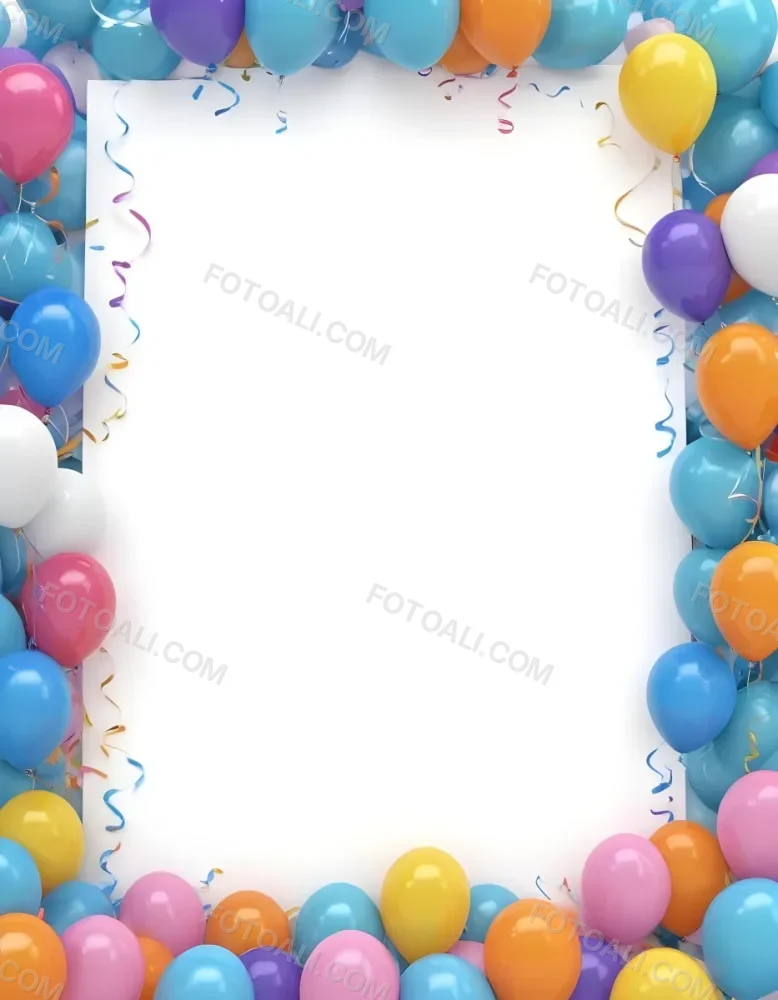 3d Model A Blank White Center Surrounded By Colorful Balloons In Various Shades Including Blue Yellow Pink Purple And Orange The Balloons Are Accompanied By Colorful Streamers And A Sparkly Blue Border Creat 26 7161