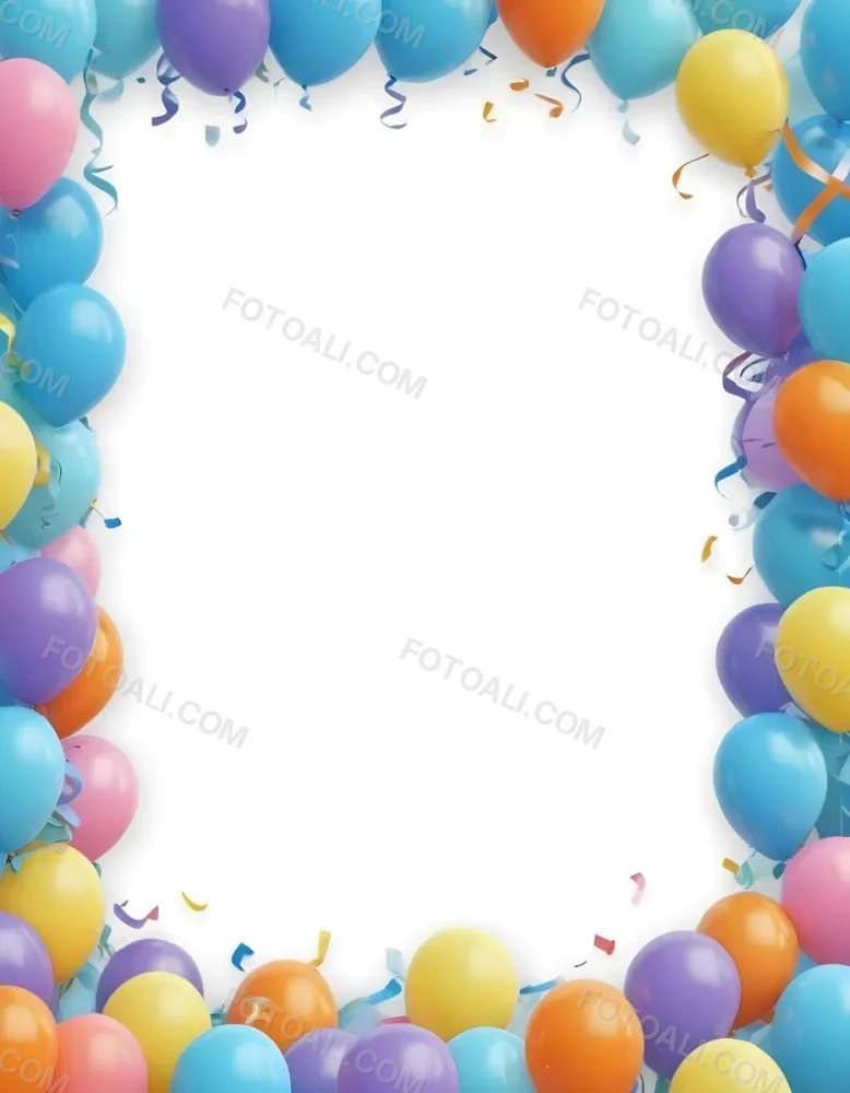 3d Model A Blank White Center Surrounded By Colorful Balloons In Various Shades Including Blue Yellow Pink Purple And Orange The Balloons Are Accompanied By Colorful Streamers And A Sparkly Blue Border Creat 29 8028