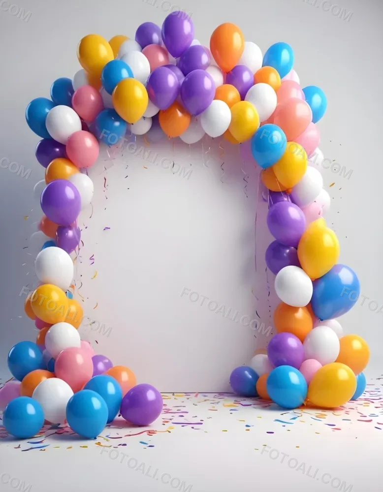 3d Model A Blank White Center Surrounded By Colorful Balloons In Various Shades Including Blue Yellow Pink Purple And Orange The Balloons Are Accompanied By Colorful Streamers And A Sparkly Blue Border Creat 3 F70f