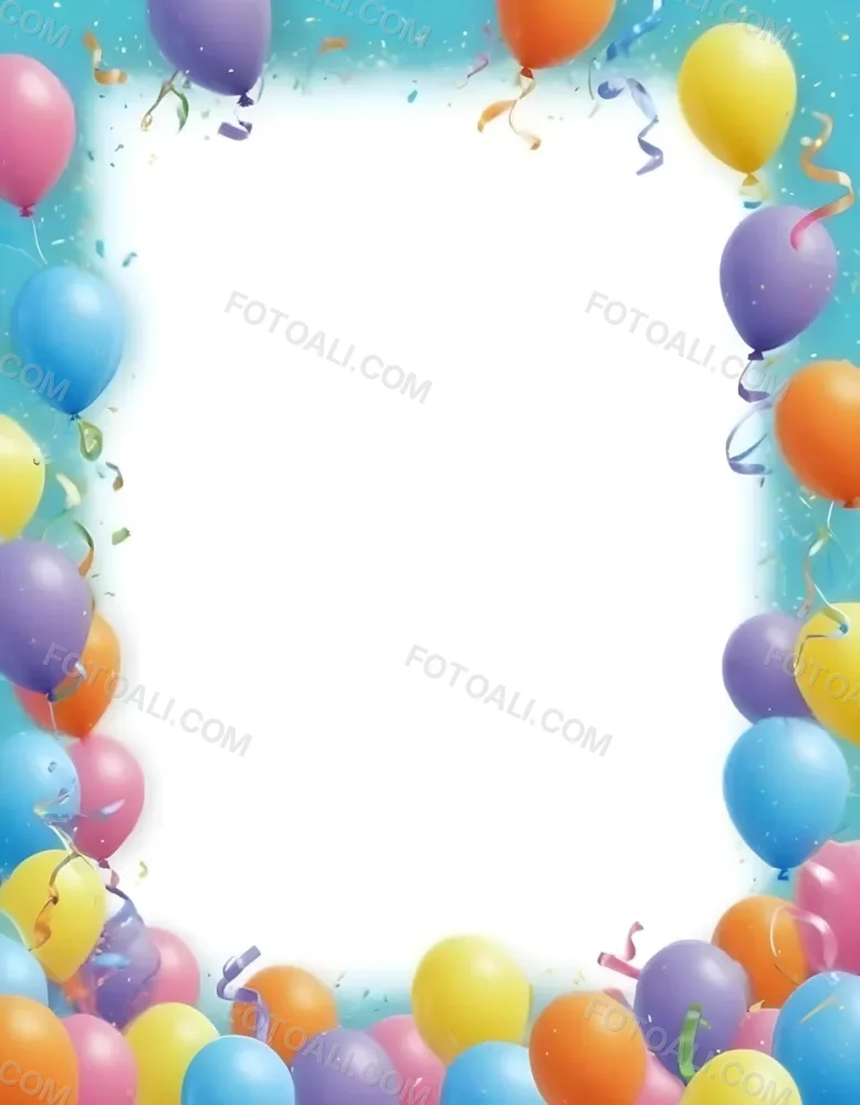 3d Model A Blank White Center Surrounded By Colorful Balloons In Various Shades Including Blue Yellow Pink Purple And Orange The Balloons Are Accompanied By Colorful Streamers And A Sparkly Blue Border Creat 30 Ca9f