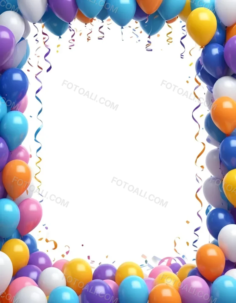 3d Model A Blank White Center Surrounded By Colorful Balloons In Various Shades Including Blue Yellow Pink Purple And Orange The Balloons Are Accompanied By Colorful Streamers And A Sparkly Blue Border Creat 4 9626