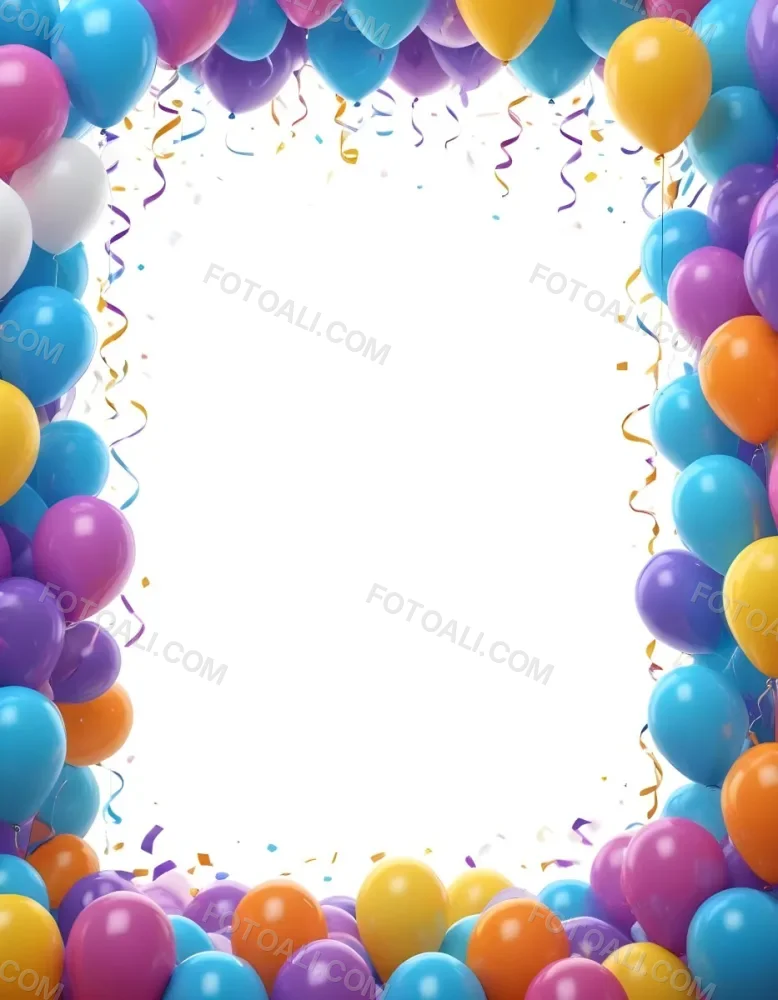 3d Model A Blank White Center Surrounded By Colorful Balloons In Various Shades Including Blue Yellow Pink Purple And Orange The Balloons Are Accompanied By Colorful Streamers And A Sparkly Blue Border Creat 8 1082