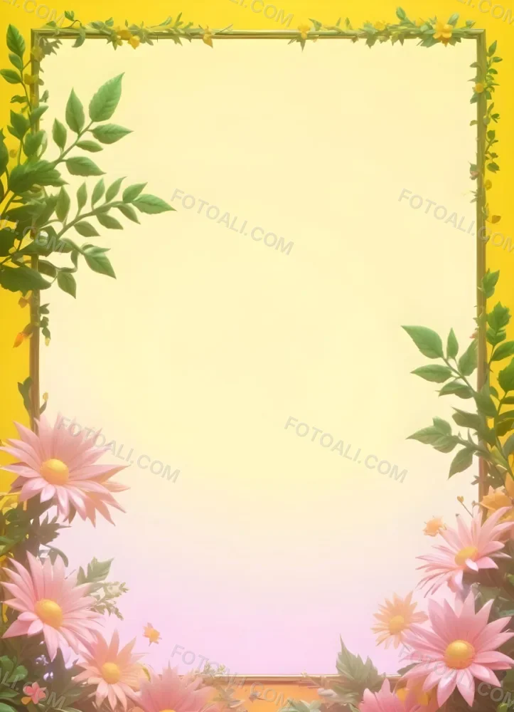 3d Model A Bright Yellow Background With A Large Sun In The Upper Center The Borders Are Adorned With Green Leaves And Pink Flowers At The Bottom Creating A Floral Frame The Center Is Empty Providing Space For Text O 13 B460