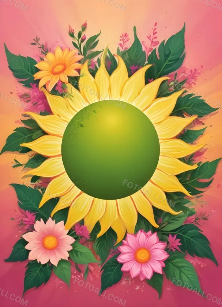 3d Model A Bright Yellow Background With A Large Sun In The Upper Center The Borders Are Adorned With Green Leaves And Pink Flowers At The Bottom Creating A Floral Frame The Center Is Empty Providing Space For Text O 24 7c4a