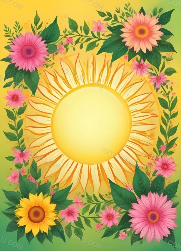 3d Model A Bright Yellow Background With A Large Sun In The Upper Center The Borders Are Adorned With Green Leaves And Pink Flowers At The Bottom Creating A Floral Frame The Center Is Empty Providing Space For Text O 32 3fe9