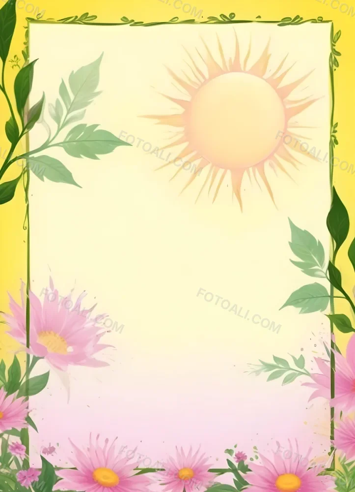 3d Model A Bright Yellow Background With A Large Sun In The Upper Center The Borders Are Adorned With Green Leaves And Pink Flowers At The Bottom Creating A Floral Frame The Center Is Empty Providing Space For Text O 36 B749