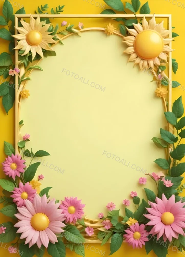 3d Model A Bright Yellow Background With A Large Sun In The Upper Center The Borders Are Adorned With Green Leaves And Pink Flowers At The Bottom Creating A Floral Frame The Center Is Empty Providing Space For Text O 4 81e1