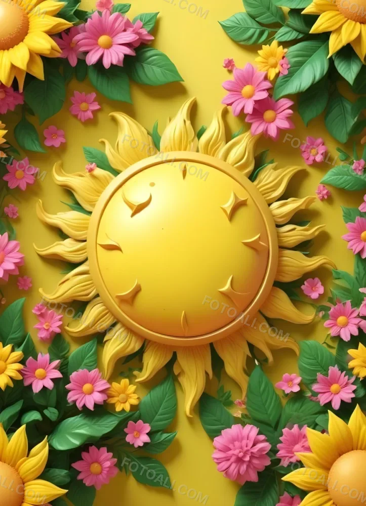 3d Model A Bright Yellow Background With A Large Sun In The Upper Center The Borders Are Adorned With Green Leaves And Pink Flowers At The Bottom Creating A Floral Frame The Center Is Empty Providing Space For Text O 43 Fa2e